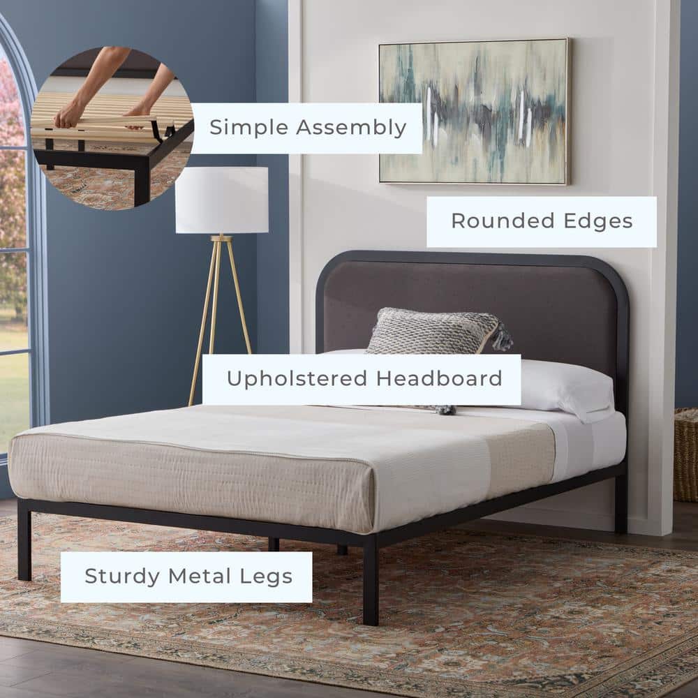 Charcoal King Metal Platform Bed with Rounded Upholstered Headboard