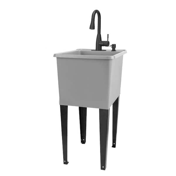 TEHILA 17.75 in. x 23.25 in. Thermoplastic Utility Sink in Black with Faucet and Soap Dispenser