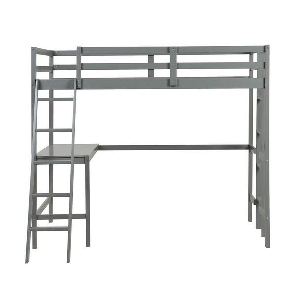 Costway Grey Twin Loft Bed Frame With Desk Angled And Built In Ladder Solid Wooden Frame Hygr The Home Depot