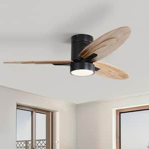 56in. Indoor/Outdoor Wood Black Flush Mount Ceiling Fan with Dimmable LED Light and Remote Control