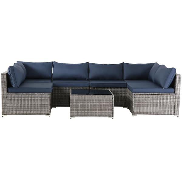 Zeus & Ruta 7-Pieces Gray Wicker Outdoor Patio Sectional Sofa Conversation Set Navy Blue Cushions 1 Coffee Table