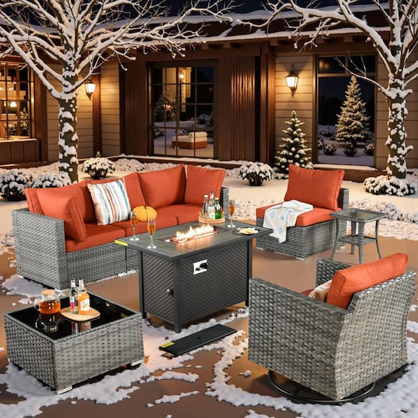 Sanibel Gray 8-Piece Wicker Outdoor Patio Conversation Sofa Sectional Set with a Metal Fire Pit and Orange Red Cushions