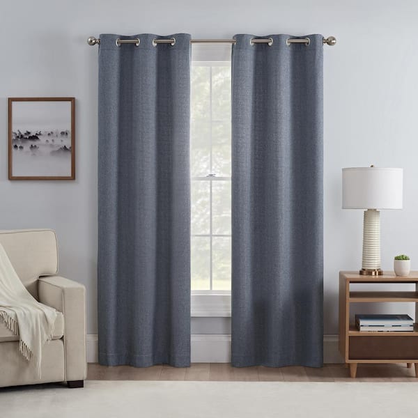 Eclipse Carter Draftstopper Denim Textured Solid Polyester 37 in. W x 63 in. L Room Darkening Pair Grommet Top Curtain Panel