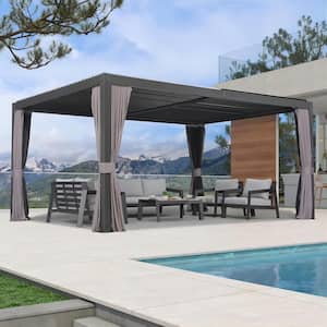 10 ft. x 13 ft. Gray Louvered Pergola with Adjustable Aluminum Shed Roof Patio Gazebo with Netting and Curtains