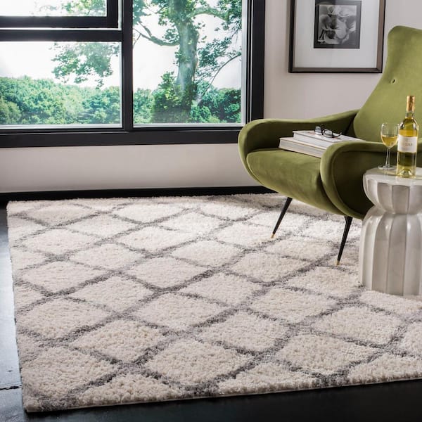 Berber Shag Cream/Gray Doormat 3 ft. x 5 ft. Geometric Area Rug