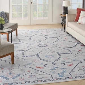 57 Grand Machine Washable Ivory Blue 9 ft. x 12 ft. Center Medallion Contemporary Area Rug