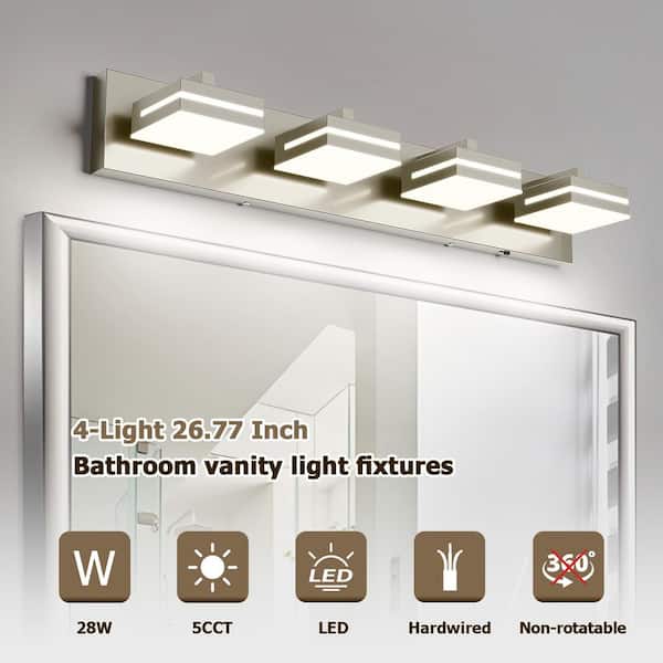 26.77 in. 4-Light Nickel Dimmable LED Bathroom Vanity Light with 5-CCT Adjustable Switch