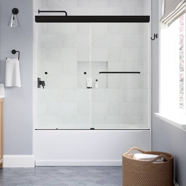 Bathlink Frameless Double Sliding Tub Shower Door 59-60" W X60 H, 5/16" (8mm) Thick Easy-Clean Tempered Glass, Easy Installation, Safety Tested Glass Tub Doors Matte Black