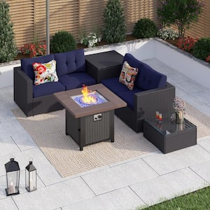 Black Rattan Wicker 4 Seat 5-Piece Steel Outdoor Fire Pit Patio Set with Blue Cushions and Square Fire Pit Table
