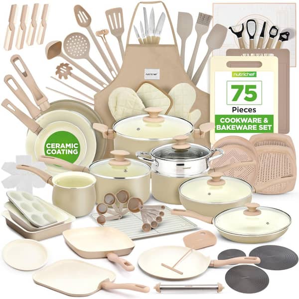 75-Piece Home Kitchen Cookware, Kitchen Tools & Bakeware Set - Ceramic Pots and Pans (Cream/Taupe Brown) - NCCW75TBR