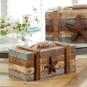 Rectangle Wood Handmade Distressed Starfish Box with Knotted Rope Details (Set of 2)