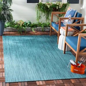 Beach House Turquoise 7 ft. x 7 ft. Solid Striped Indoor/Outdoor Patio  Square Area Rug