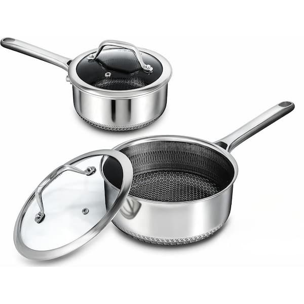 2-Piece Black Ceramic Coated Stainless Steel Hybrid Nonstick Saucepan Set with Lids Honeycomb Surface Induction Safe