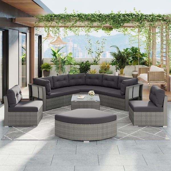 Zeus & Ruta 9-Piece Wicker Outdoor Sectional Set with Gray Cushions and Center Table for Patio, Lawn, Backyard