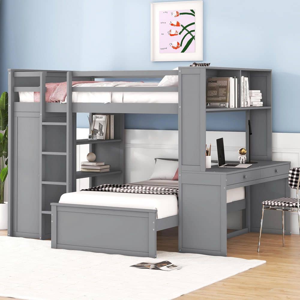 Harper & Bright Designs Gray Full Size Wood Bunk Bed with Wardrobe ...