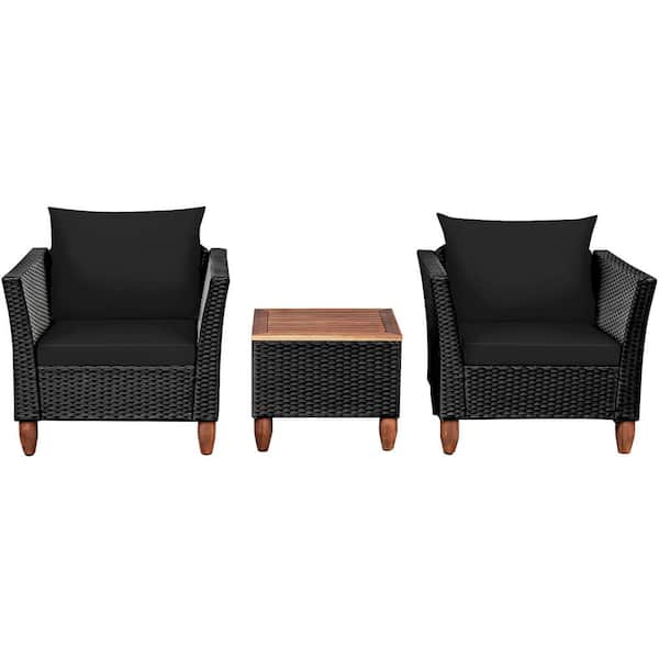 Gymax 3-Pieces Patio Rattan Conversation Furniture Set Yard Outdoor with Black Cushions