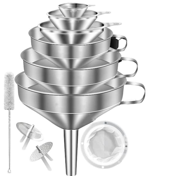 Stainless Steel Kitchen Funnels Set with Removable Mesh Food Filter Strainers Cleaning Brush for Transferring of Liquid
