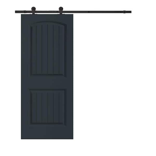 CALHOME Elegant 30 in. x 80 in. Charcoal Gray Stained Composite MDF 2 Panel Camber Top Sliding Barn Door with Hardware Kit