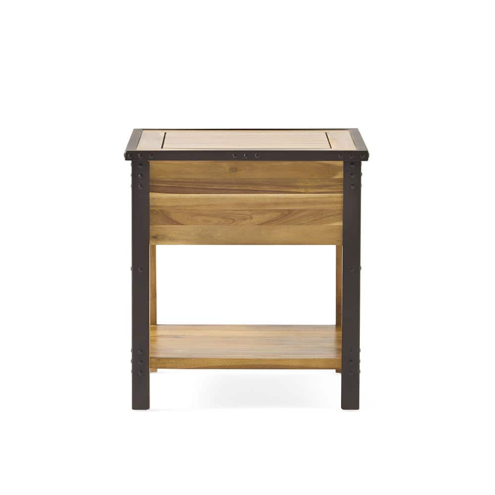 Luna Natural Stained Brown Acacia Wood End Table with Metal Frame