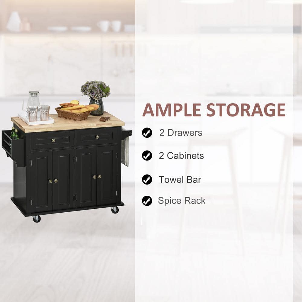 Compact Modern Black Kitchen Island Cart with Rubberwood Top and Storage