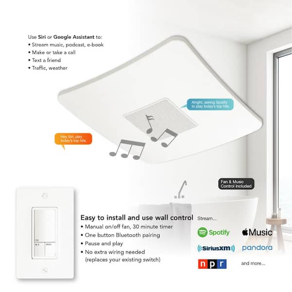 80 CFM Ceiling Easy Roomside Installation Bathroom Exhaust Fan with Bluetooth Speaker and 2-Way Smartphone Communication 80 CFM Ceiling Easy Roomside Installation Bathroom Exhaust Fan with Bluetooth Speaker and 2-Way Smartphone Communication