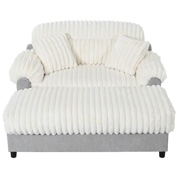 65.25 in. Pillow Top Arms Faux Rabbit Fur Fabric Rectangle Chaise Lounge Sofa in Beige with 2-Throw Pillows