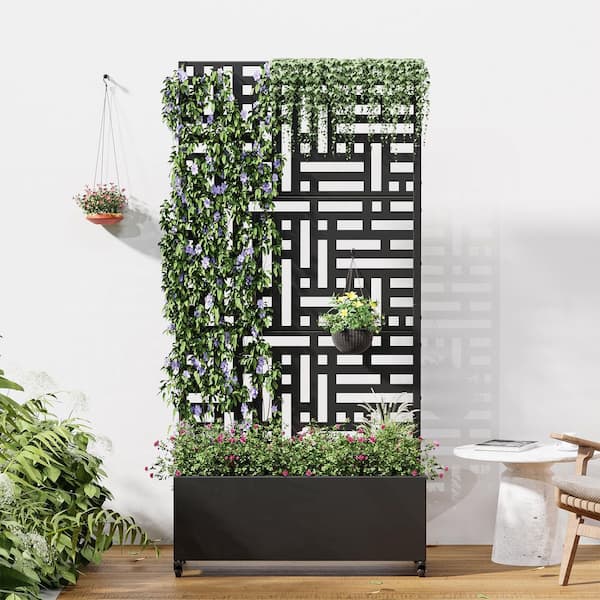 72 in. x 35 in. Black Outdoor Metal Privacy Screen Raised Planter Box Wall Decor