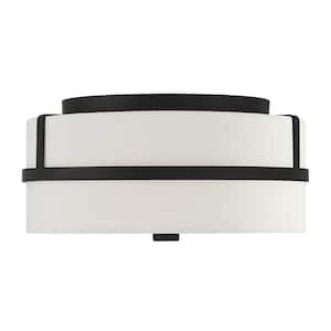 13 in. W x 6 in. H 2-Light Matte Black Flush Mount Light with White Glass Drum Shade