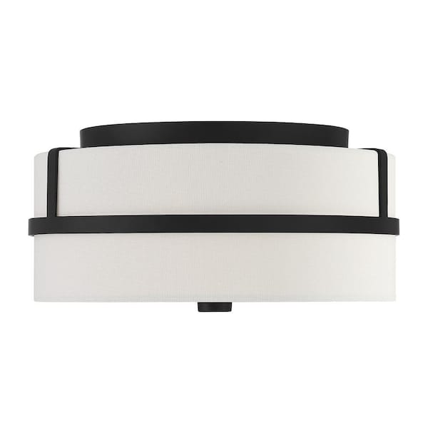 TUXEDO PARK LIGHTING 13 in. W x 6 in. H 2-Light Matte Black Flush Mount Light with White Glass Drum Shade