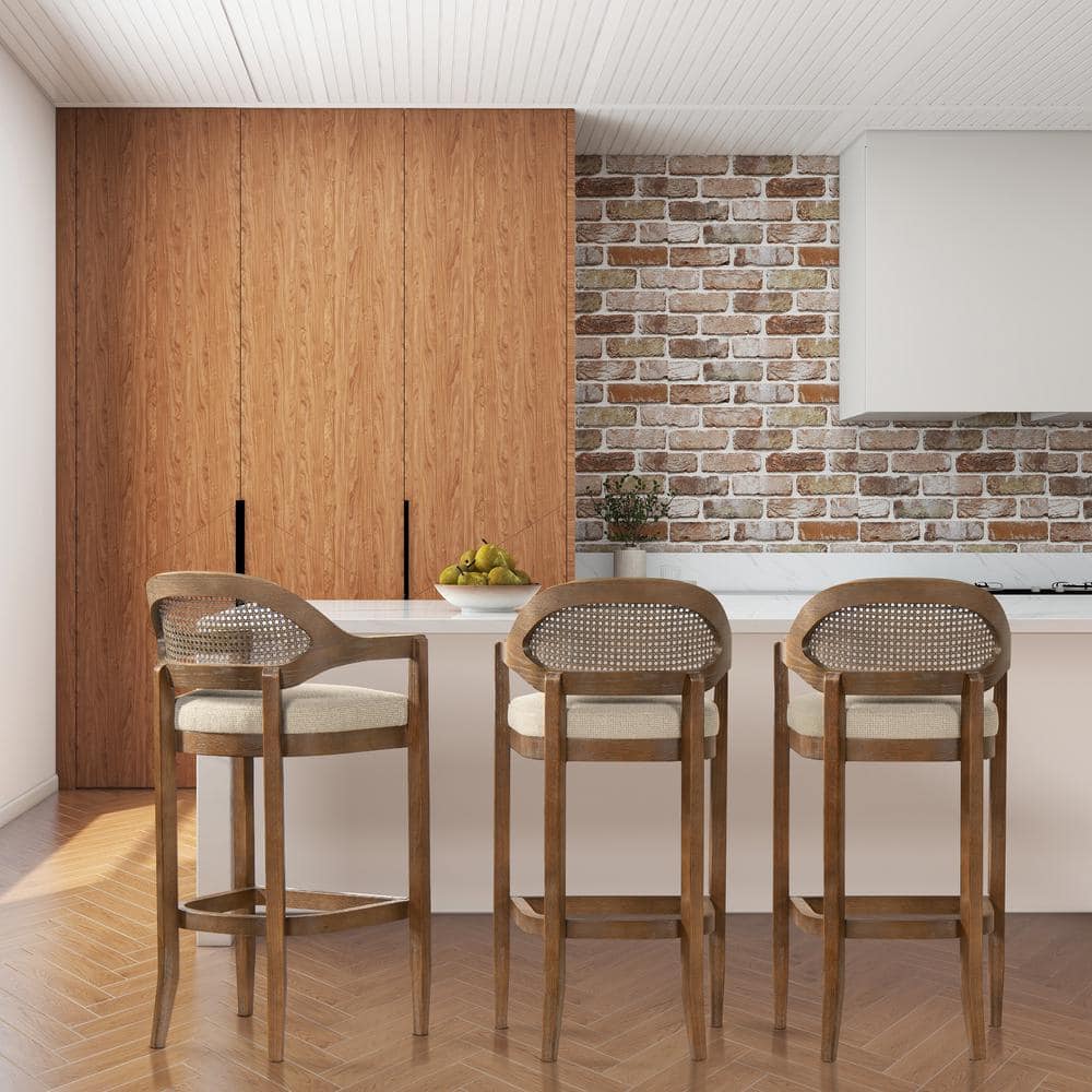 Taupe Beige Oak Cane Back Bar Stool with Acrylic Seat