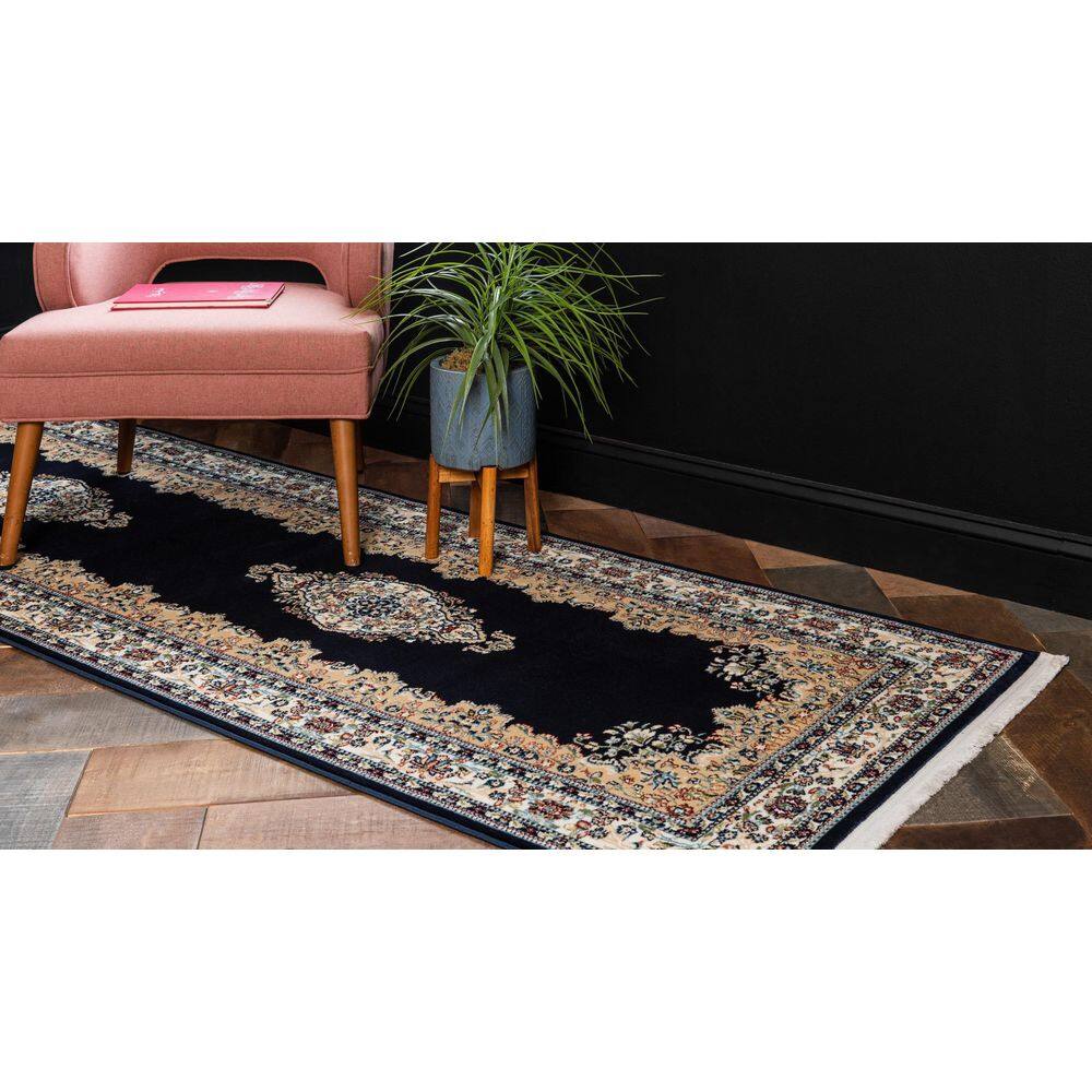 Navy Blue and Tan Stain-Resistant Synthetic Runner Rug