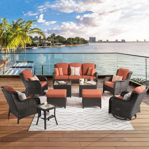 OVIOS Joyoung Brown 10-Piece Wicker Swivel Outdoor Patio Conversation Seating Set with Orange Red Cushions