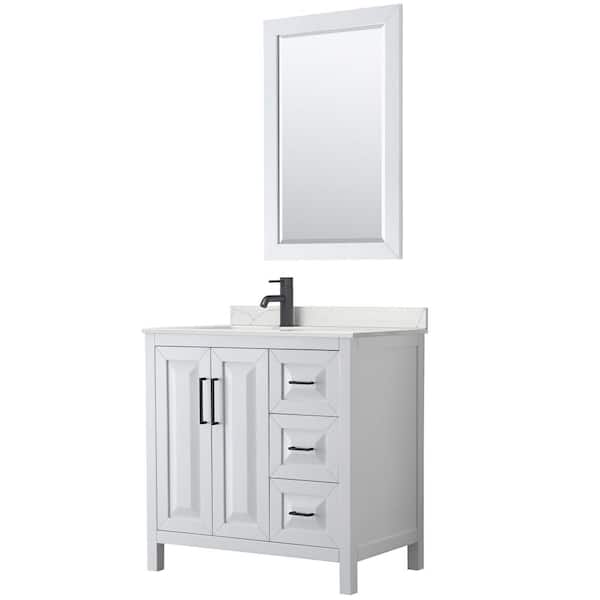 Wyndham Collection Daria 36 in. W x 22 in. D x 35.75 in. H Single Bath Vanity in White with Giotto Quartz Top and 24 in. Mirror