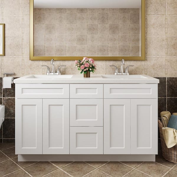 Shaker 60 in. W x 21 in. D x 34.5 in. H Vanity for Double Basins Cabinet Only in Satin White Shaker 60 in. W x 21 in. D x 34.5 in. H Vanity for Double Basins Cabinet Only in Satin White