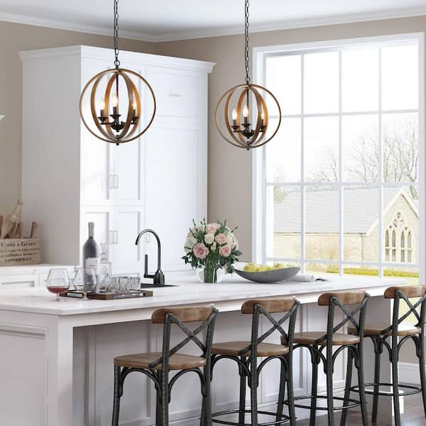 Farmhouse 3-Light Black Globe Chandelier Candlestick Faux Wood Accent Cage Pendant Chandelier for Kitchen Dining Room