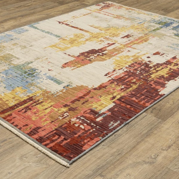 Solano Beige/Multi-Colored 5 ft. x 8 ft. Distressed Abstract Wool Nylon Blend Fringe-Edge Indoor Area Rug