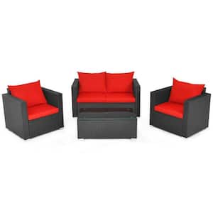 4-Piece Wicker Patio Conversation Set Furniture Set with Red Padded Cushions and Tempered Glass Coffee Table