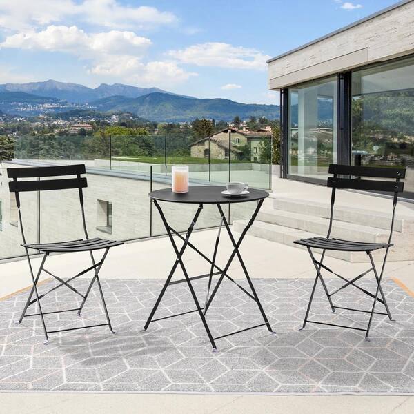 Sonkuki 3-Piece Steel All-weather Outdoor Bistro Sets No Assemble Folding Chairs and Table in Black