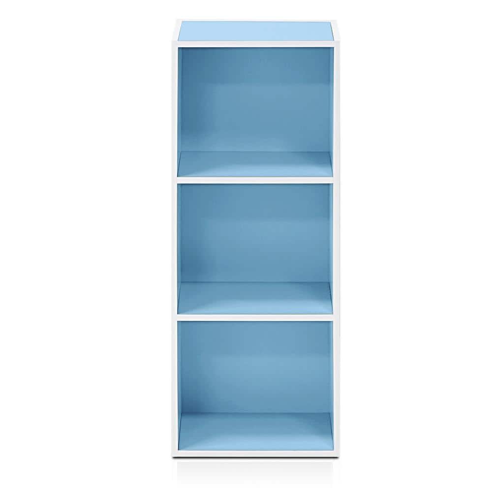 White and Light Blue 3-Tier Particle Board Bookcase