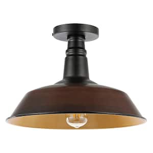 Camila 14 in. 1-Light Classic Industrial Indoor/Outdoor Iron LED Semi Flush Mount, Oil Rubbed Bronze/Copper