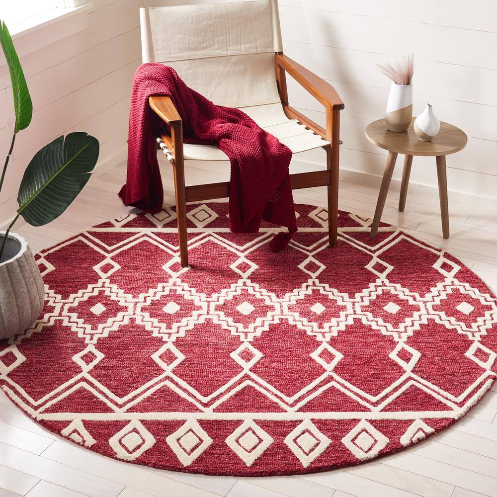 Handmade Red and Ivory Wool Abstract Round Rug, 6' x 6'