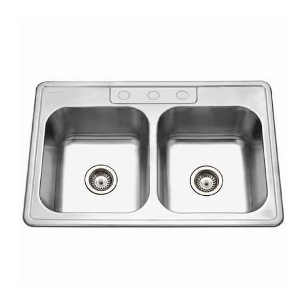 HOUZER Glowtone Series Drop-In Stainless Steel 33 in. 3-Hole Double Bowl Kitchen Sink