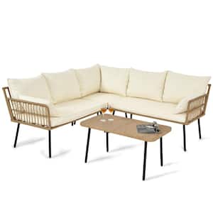 4 Pieces Outdoor Patio Furniture Set Rattan Woven Conversation Sectional L-Shaped Sofa with Beige Cushions and Table
