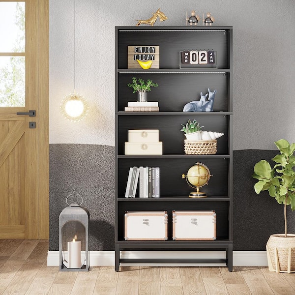 Eulas 70.8 in. Tall Black Wood 5-Shelf Standard Bookcase with Heavy-duty Metal Support, Heavy Duty Library Bookshelf