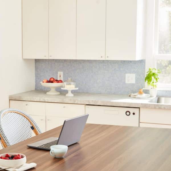 10 ft. Right Miter Laminate Countertop in Matte Patine Concrete with Waterfall Edge and Integrated Backsplash