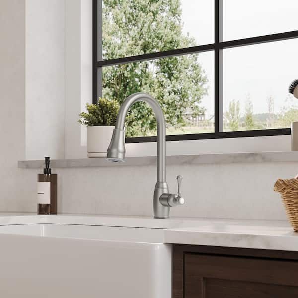 16 in. H Stainless Steel Pull Down Sprayer Kitchen Faucet with 1-Handle, Hot and Cold and 360° Swivel in Brushed Nickel