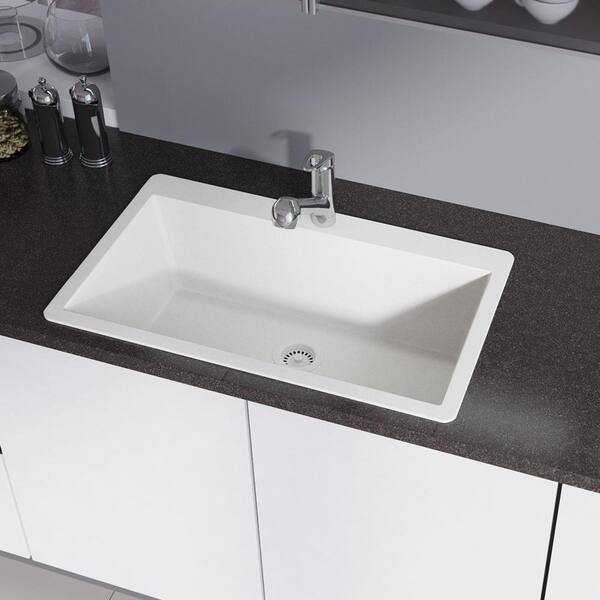 Rene Ivory Granite Quartz 33 in. Single Bowl Drop-In Kitchen Sink Kit