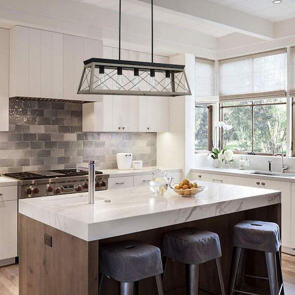 Hukoro 5-Light Matte Black Kitchen Island Linear Pendant Chandelier