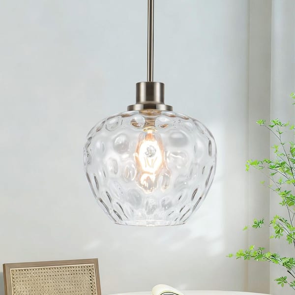 RayHome 1-Light Brushed Nickel Adjustable Height Pendant Light with Apple-Shaped Hammered Glass for Kitchen Bedroom