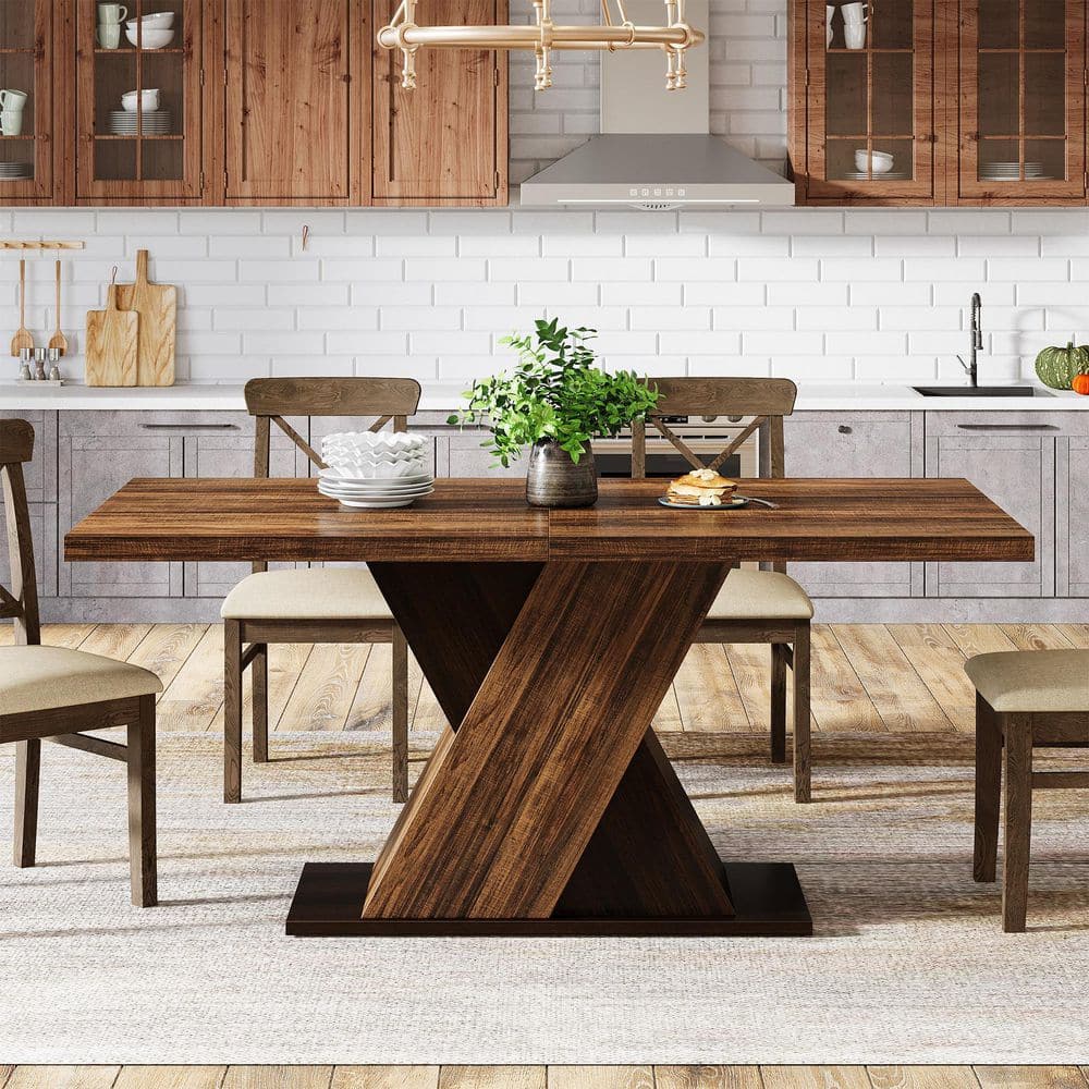 Rustic Brown Wood 55 in. Pedestal Rectangle Dining Table, Farmhouse Kitchen Table Seats-4